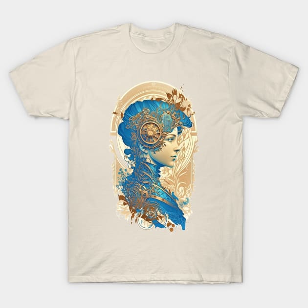 Steampunk Golden Blue Woman 2 - A fusion of old and new technology T-Shirt by SMCLN